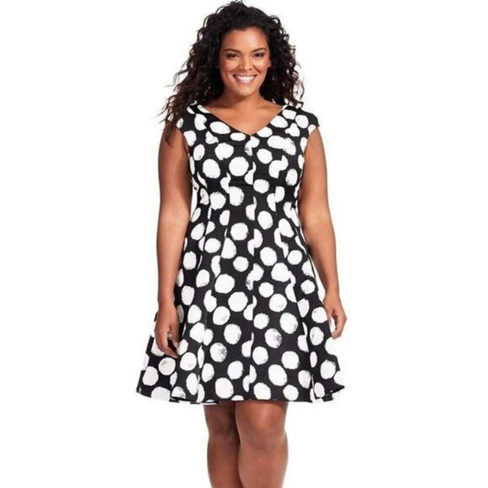 Julia Jordan Black White Polka Dot Fit Flare Dress V-Neck Pleated Plus Size 22W